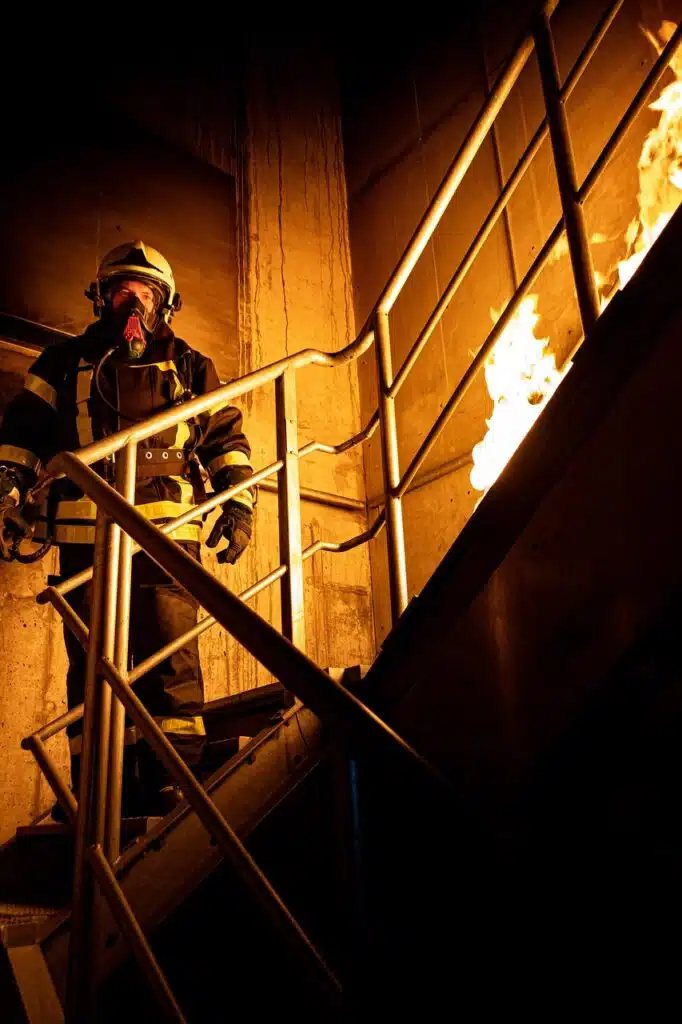 flame, night, man, architecture, building, staircase, industry, metal, handrail, fire stairs, steel, industry fire engineers, fire safety engineers